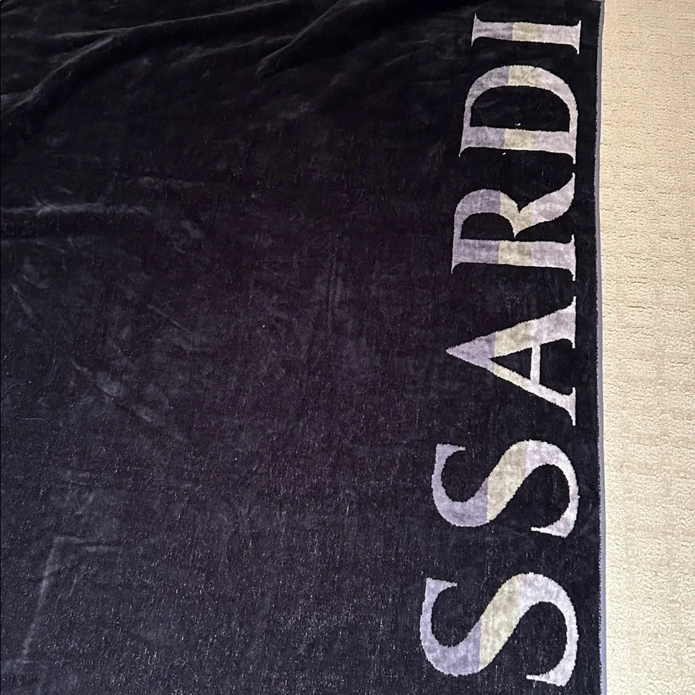 TRUSSARDI Bath Sheet Beach Towel Huge! Black with Striped Logo New w/some flaws